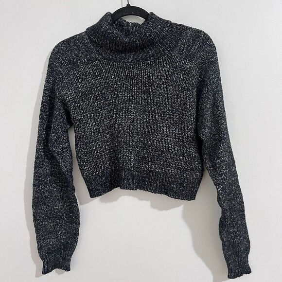 Zara Black Marled Cowl Neck Knit Cropped Sweater Size S Chunky Pullover Top - Picture 1 of 6